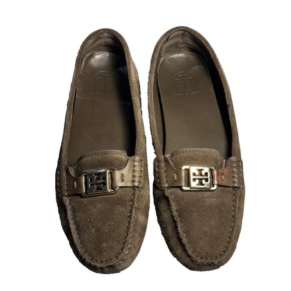 TORY BURCH KENDRICK Driving Moccasin Loafer Low Flats Suede Leather Emblem 10M - Picture 1 of 10